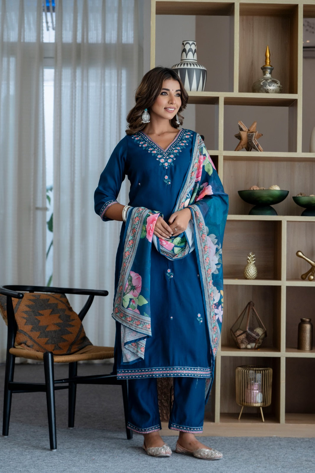 Blue pure muslin silk three piece set (P1077)