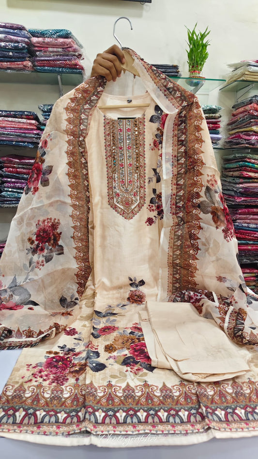 Ivory colour pure silk three piece set (A761)