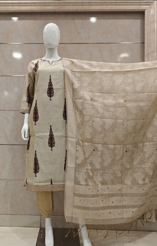 Ivory block print pure chanderi silk three piece set (P2347)