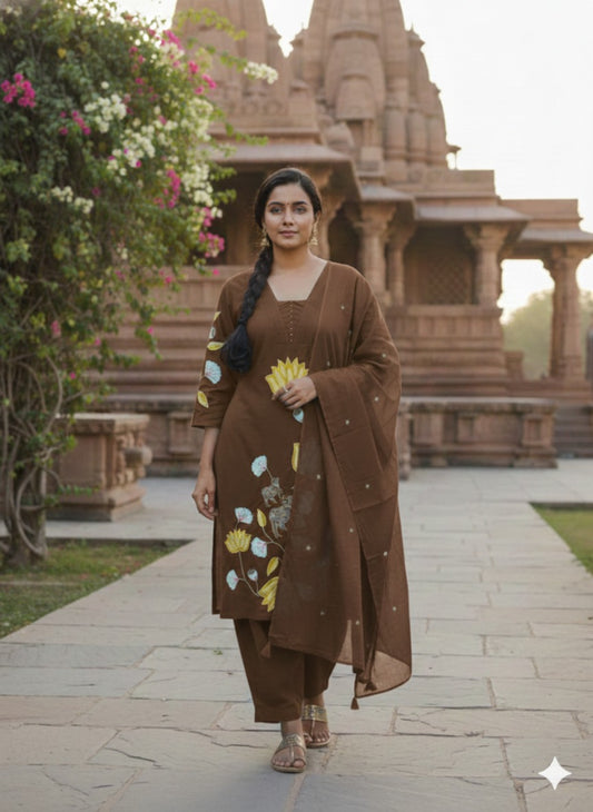 Brown pure cotton applique work three piece set (A1582)