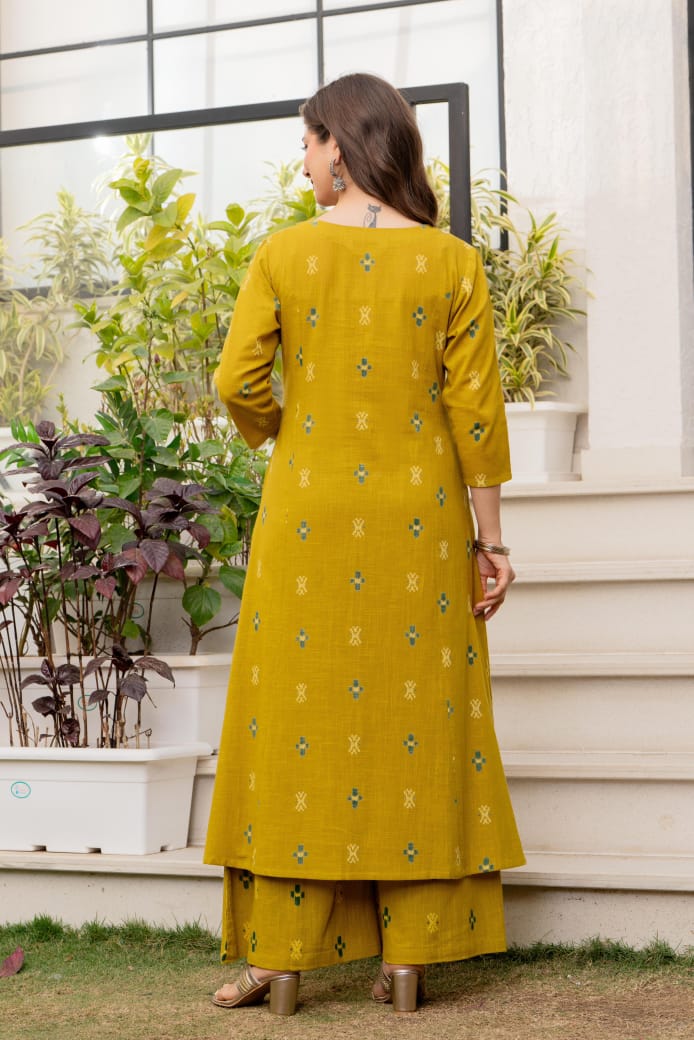 Pure cotton linen ikkat weaved with flared plazo two piece set (A1652)