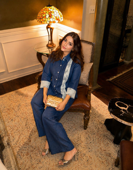 Soft denim with designer sleeve smart two piece cordset (S144)