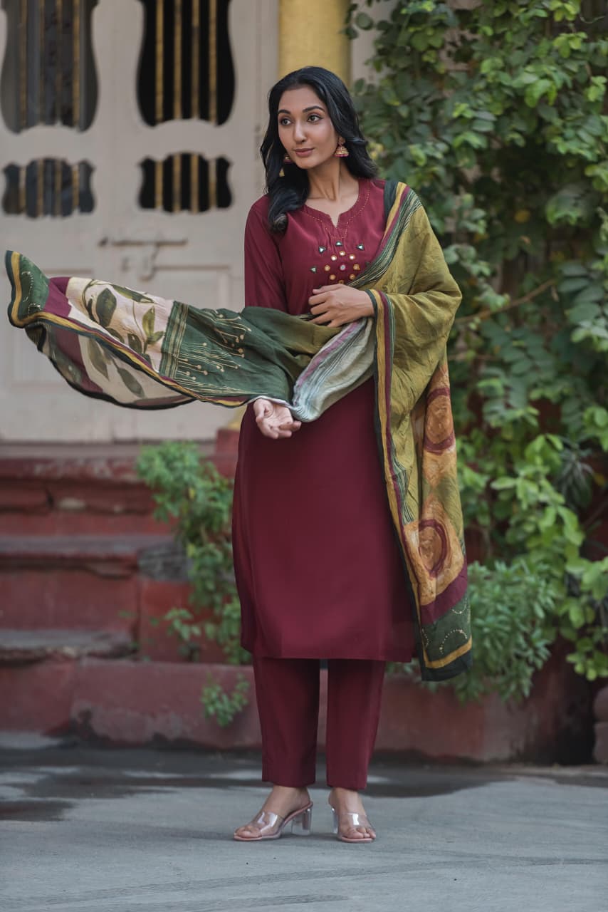 Pure muslin with real mirror work designer silk dupatta three piece set (A1270)