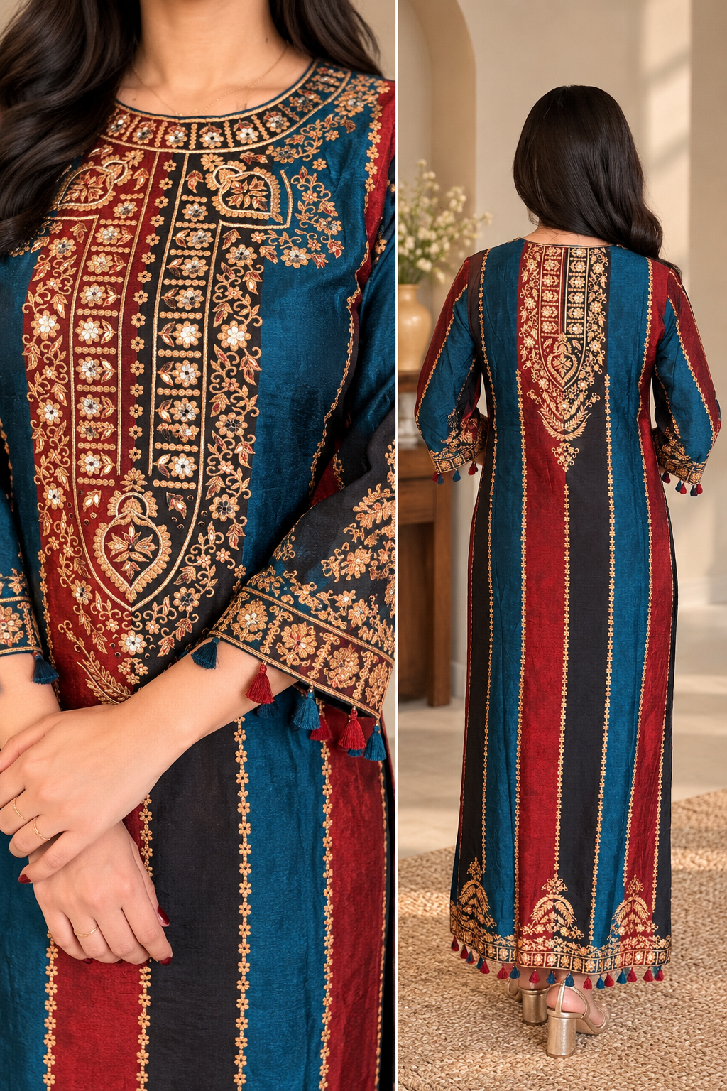 Pure crape with lining pheran pattern smart two piece cordset length 54 inch (C742)