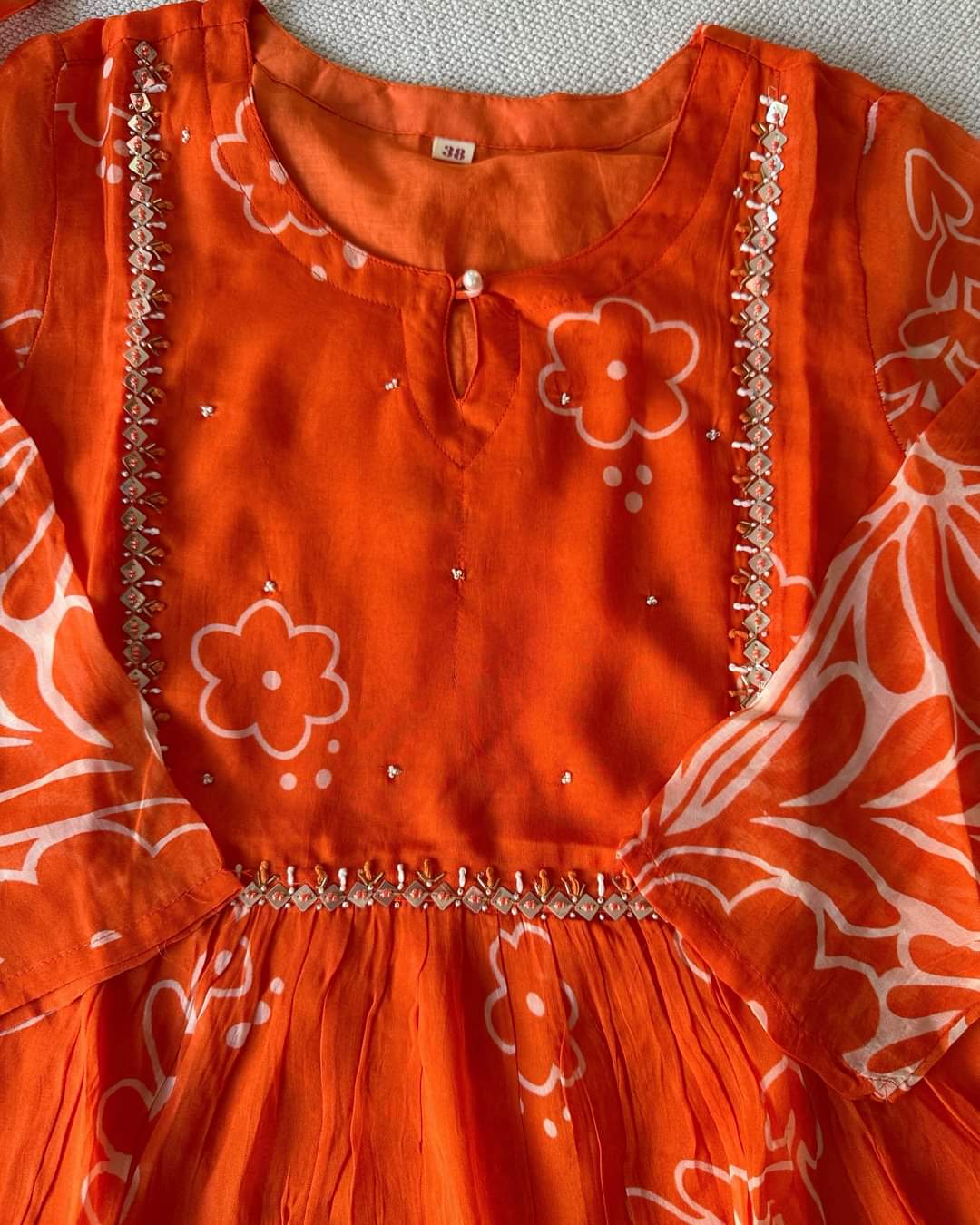 Orange pure organza A line with mul lining three piece set (T159)