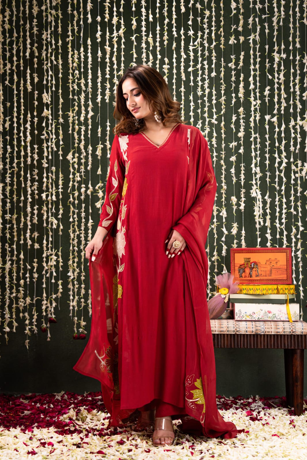 Coral red crush mul chanderi with full work three piece set (A920)