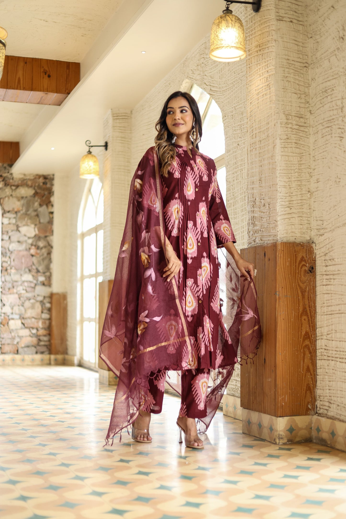 Wine ikkat print pure cotton with kota dupatta three piece set (P888)