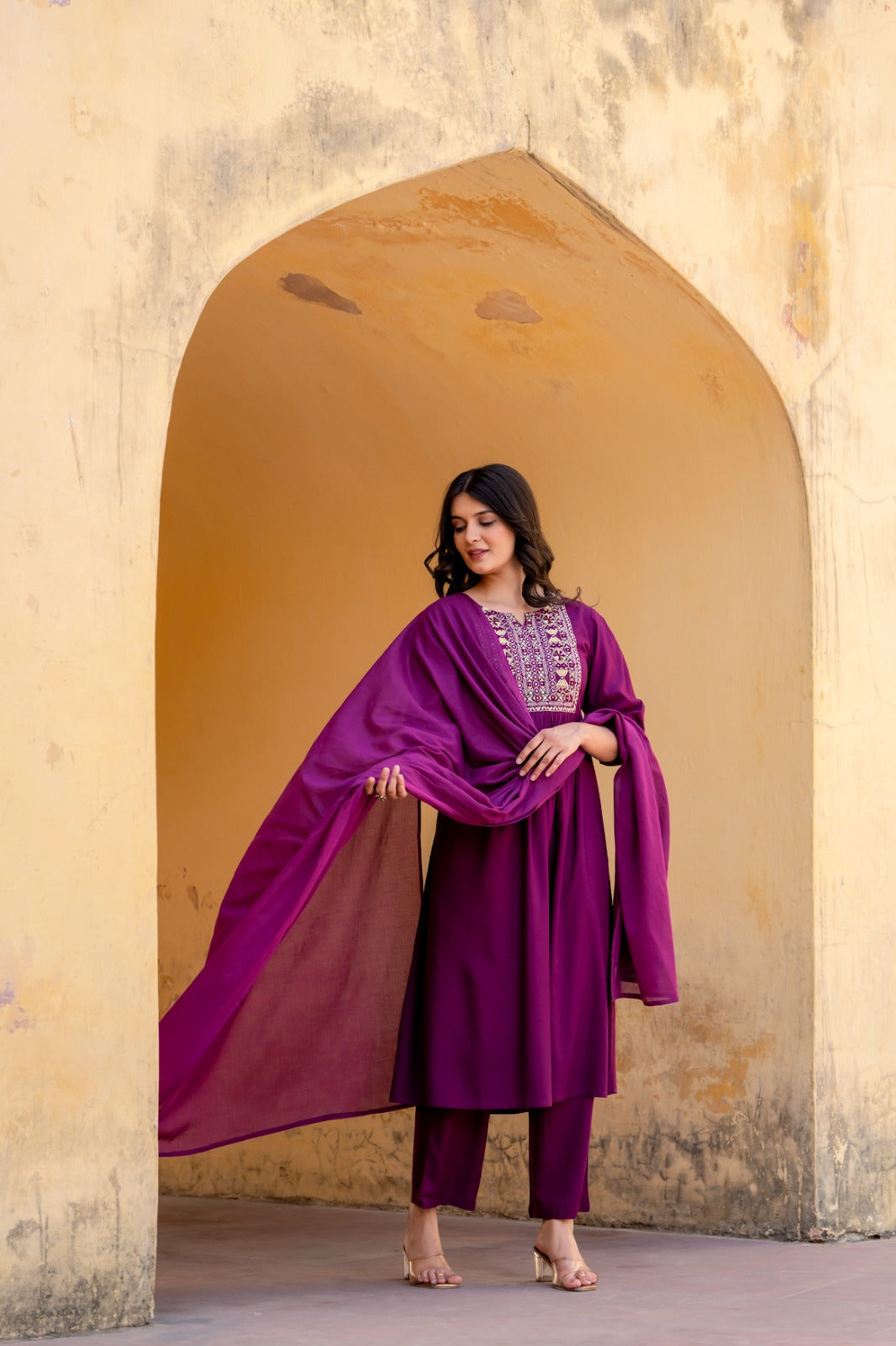 Dark purple cotton modal fully embroidered three piece set (P2136)
