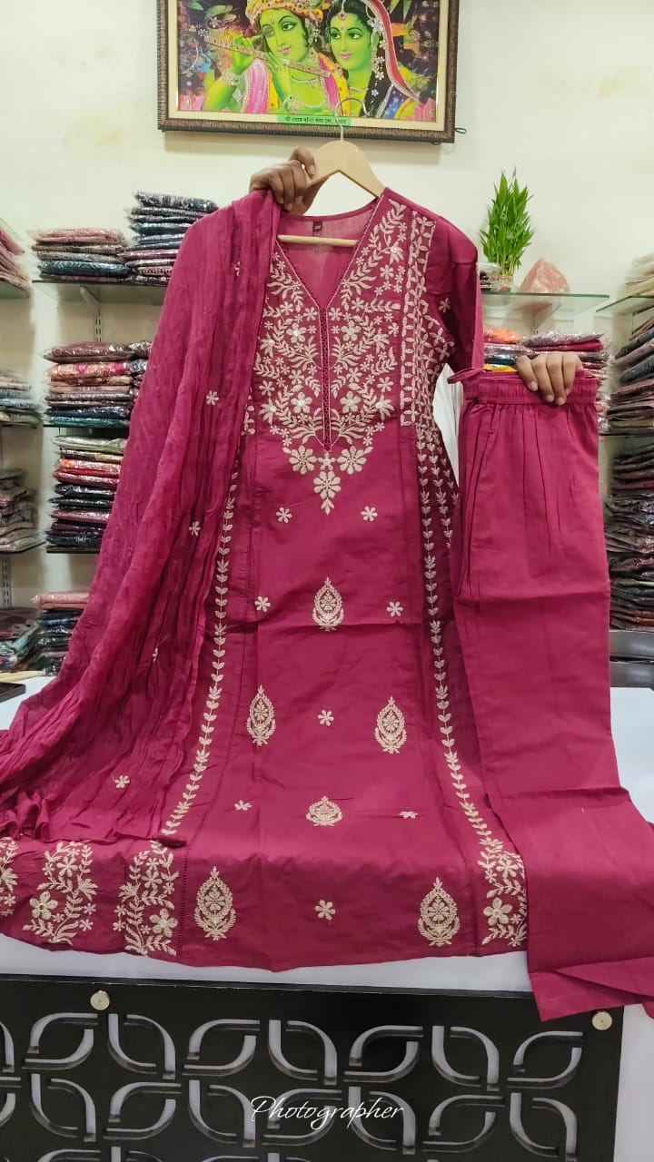 Pink pure cotton fully embroidered three piece set (A1208)