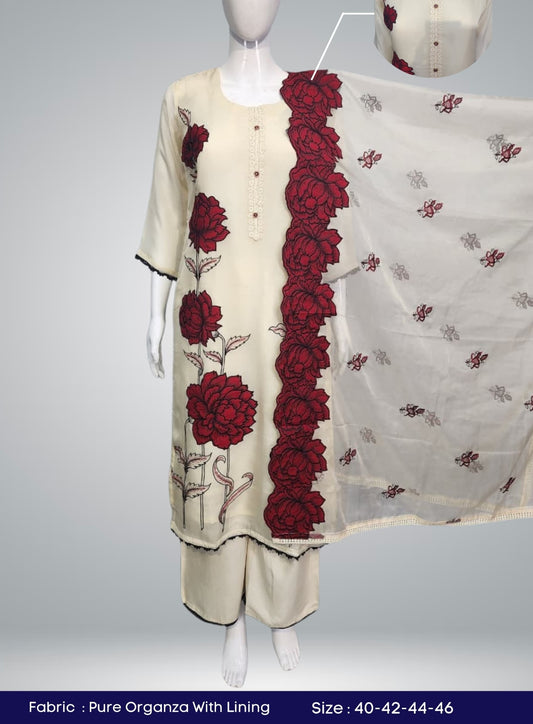Off white soft oranganza with applique work three piece set (A747)
