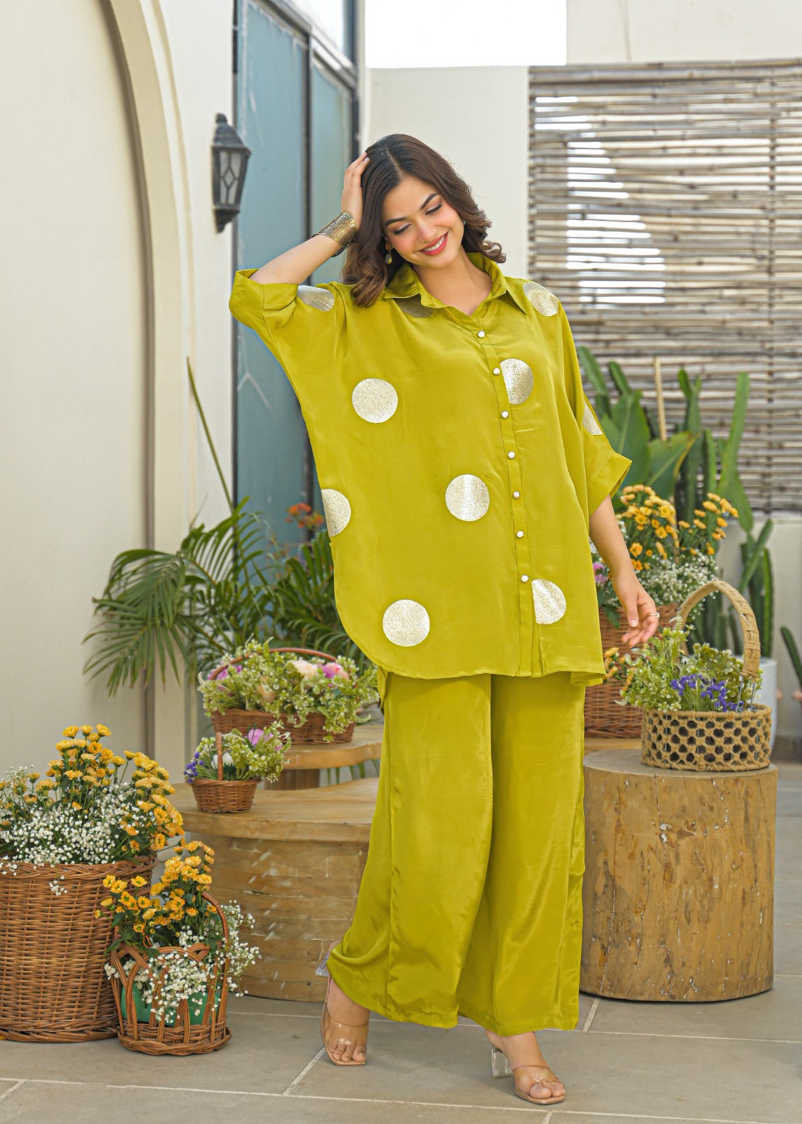 Pure crape gold zari with applique work smart two piece cordset (B469)