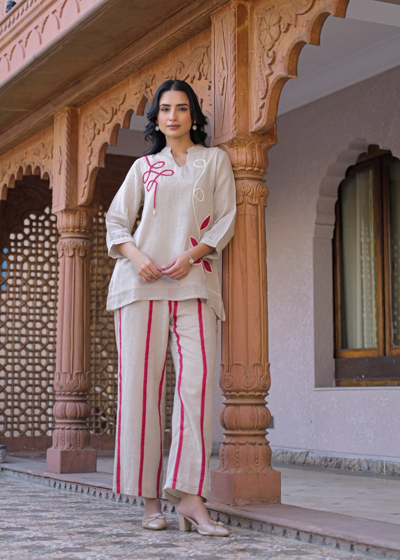 Jute linen with mul lining full dori work smart two piece cordset (B907)