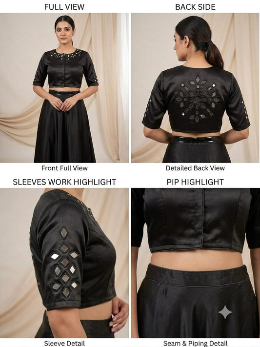 Black Modal silk with real mirror smart crop top cum blouse (S235)