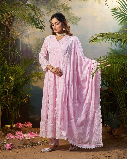 Pink pure cotton fully chikankari anarkali (A842)