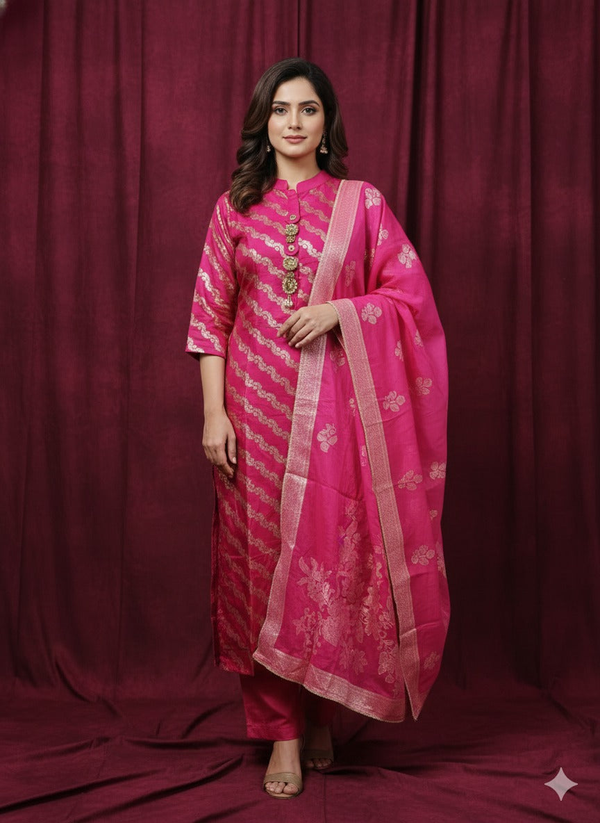 Pink dola silk with mul lining three piece set (A1533)