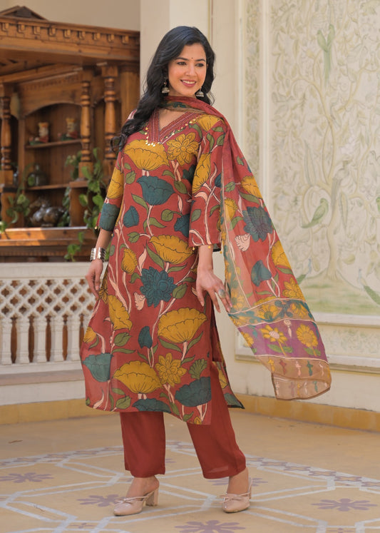 Pure mul silk kalamkari print with chiffon dupatta three piece set (C102)