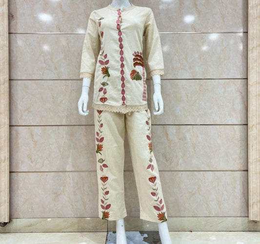 Off white handloom cotton designer two piece cordset (P1374)