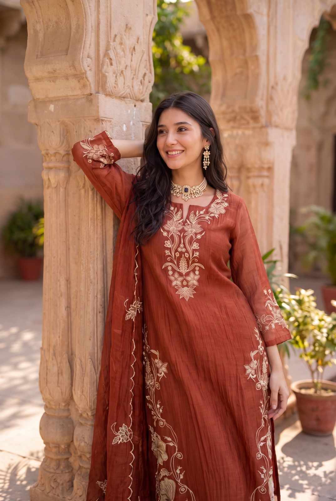 Pure banarasi mul chanderi with full thread work three piece set (S338)