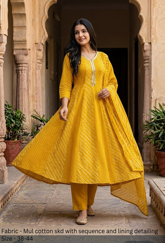 Yellow mul cotton lehriya anarkali three piece set (C117)