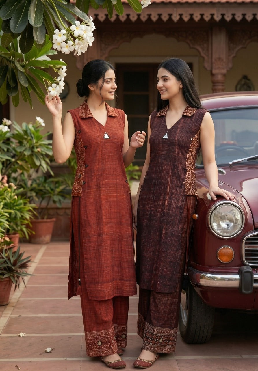 Cotton linen stylish two piece cordset with additional sleeves (C409)