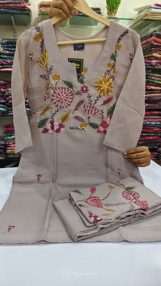 Light lilac pitten work pure linen with lining two piece cordset (A763)