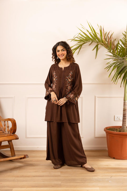 Brown cotton modal fully embroidered two piece cordset (B158)
