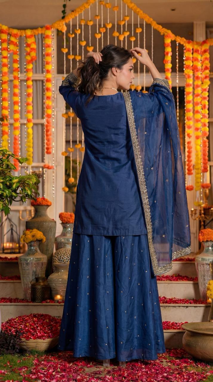 Blue pure silk with lining full jari work three piece set (A1390)