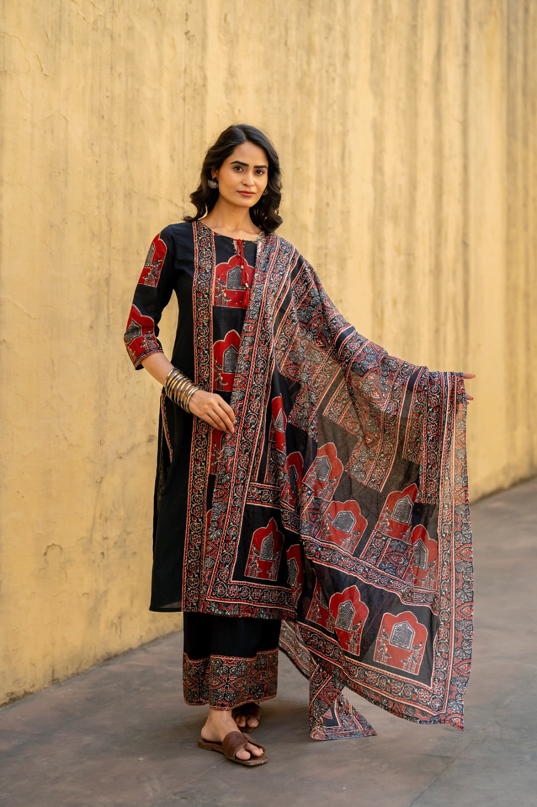 Black ajrak print pure cotton with plazo work detailing on kurta three piece set (P1273)