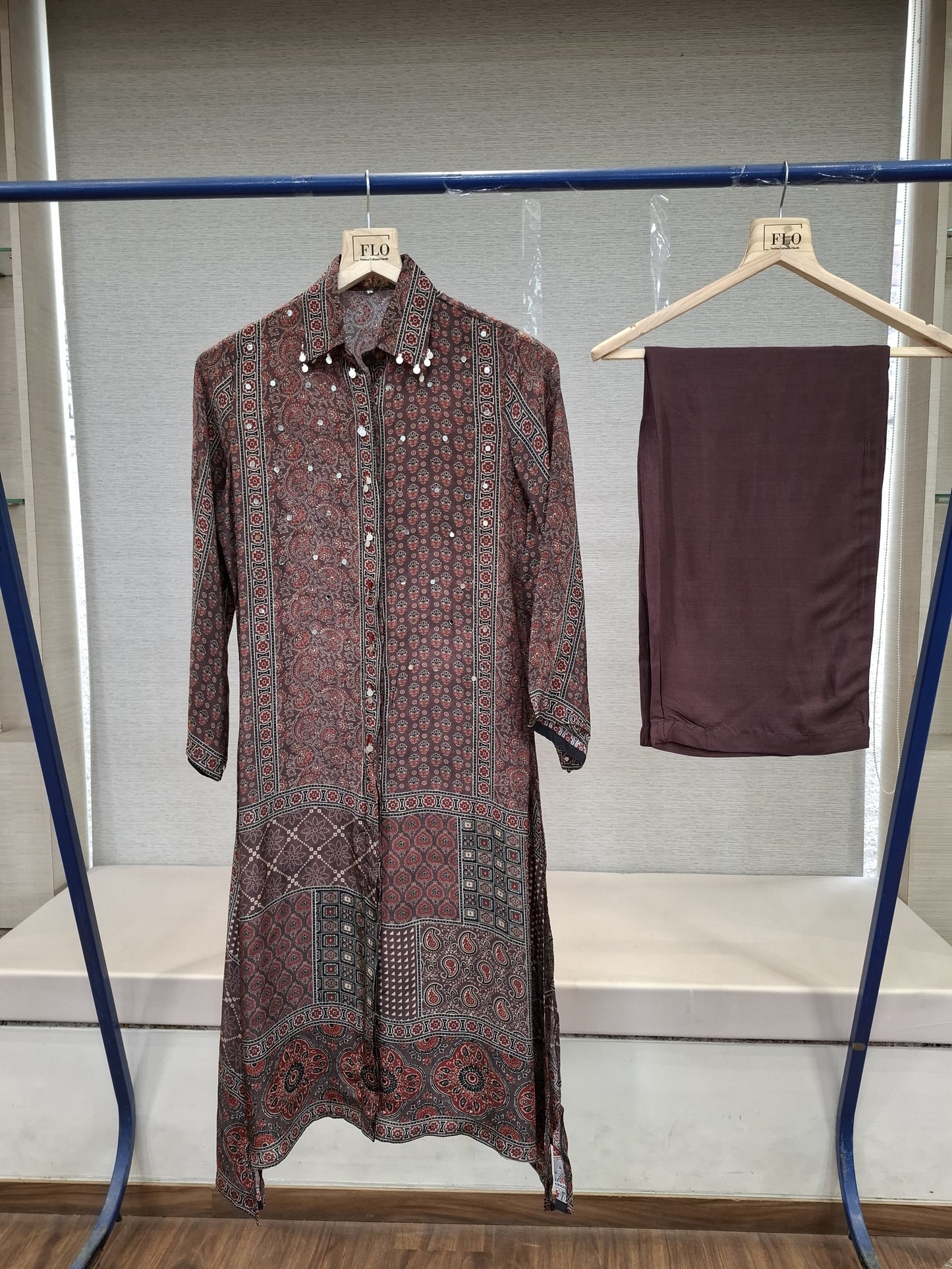 Pure crape Ajrakh print smart two piece cordset (C132)