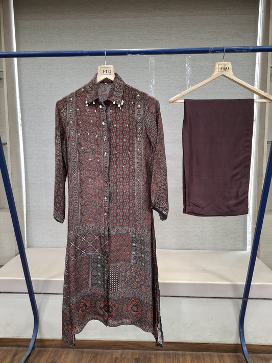 Pure crape Ajrakh print smart two piece cordset (C132)