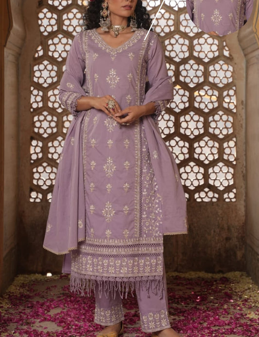 Lilac pakisthani pure cotton three piece set (P1872)