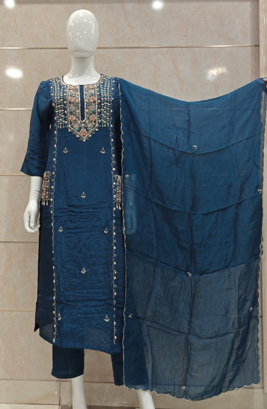 Pure dola silk with oraganza dupatta three piece set (A709)