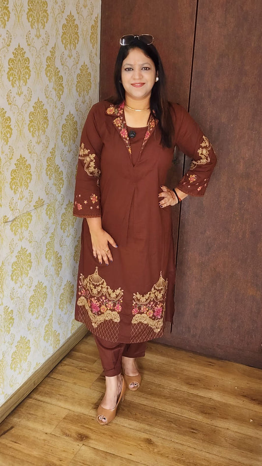 Brown pure cotton fully thread work two piece cordset (A727)