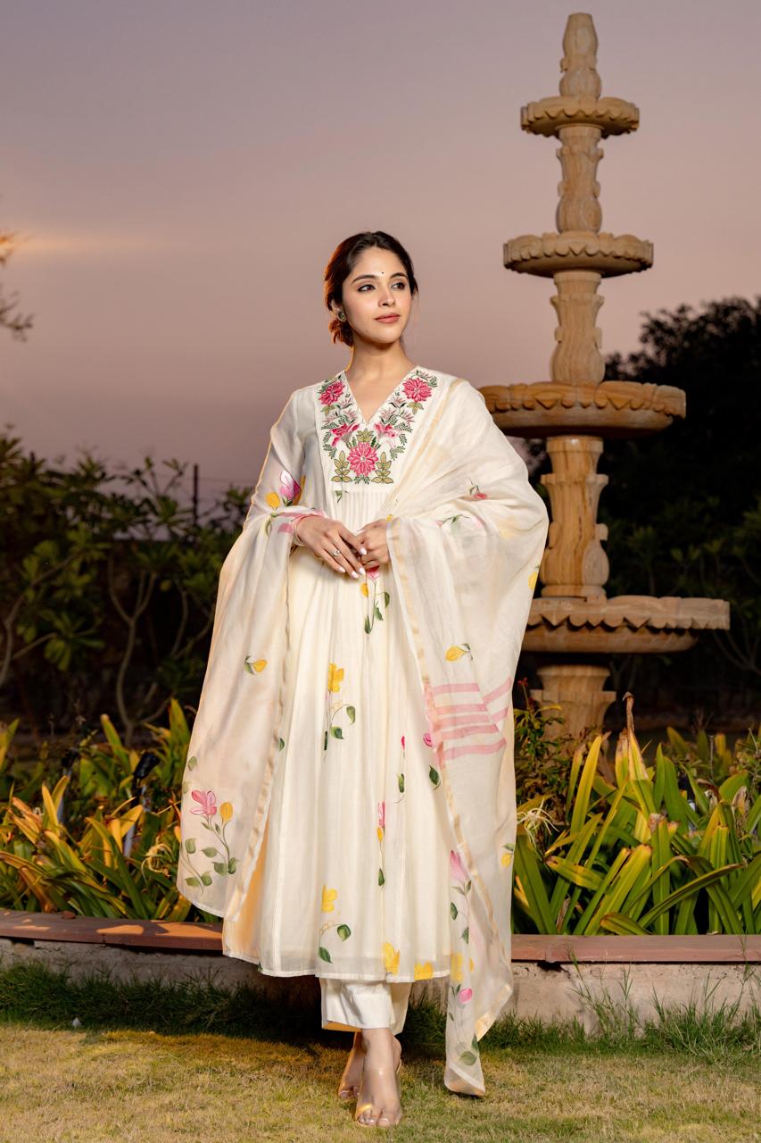 White pure mul chanderi with full thread embroidery on neck line designer three piece set (P1896)