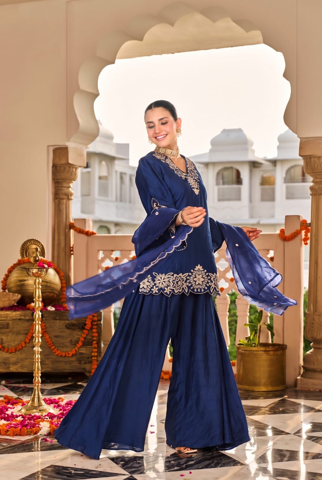 Santoori silk with wide flared plazo mul cotton lining three piece set (S437)