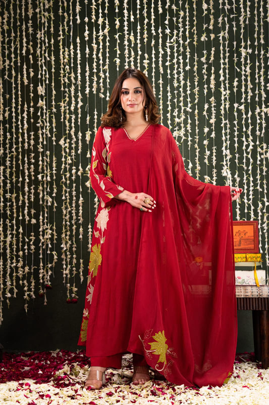 Coral red crush mul chanderi with full work three piece set (A920)