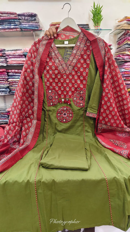 Green pure cotton A line pattern with ajrakh dupatta three piece set (A1031)
