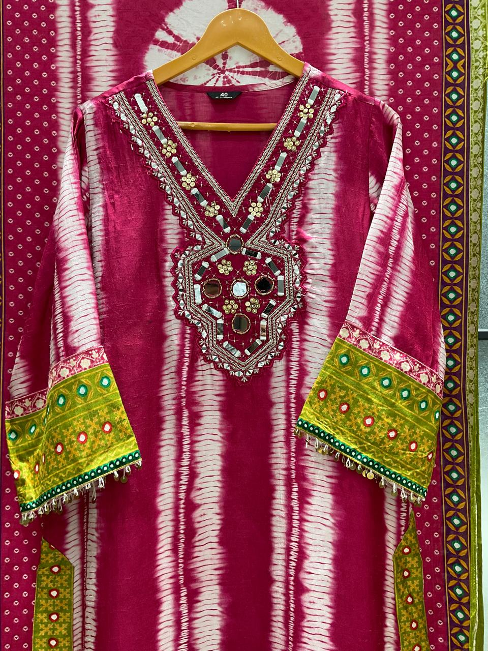 Russian silk with lining real mirror work three piece set (C466)