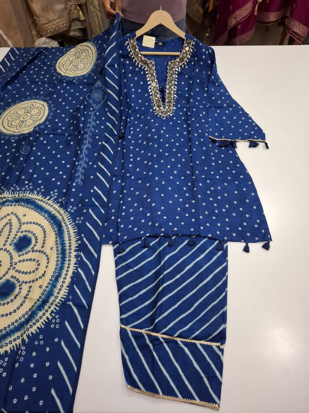 Pure dola silk with heavy neck work and paired with farshi salwar three piece set (C525)
