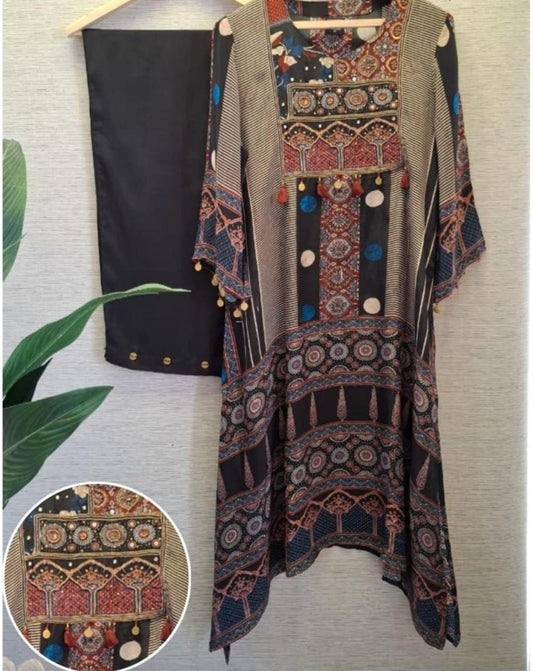 Pure crape ajrakh print two piece cordset (A1044)