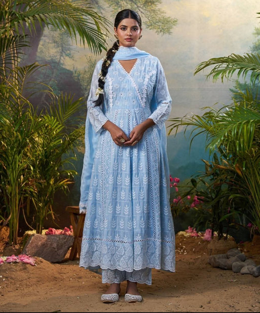 Powder blue mul cotton fully thread work designer three piece anarkali (A583)