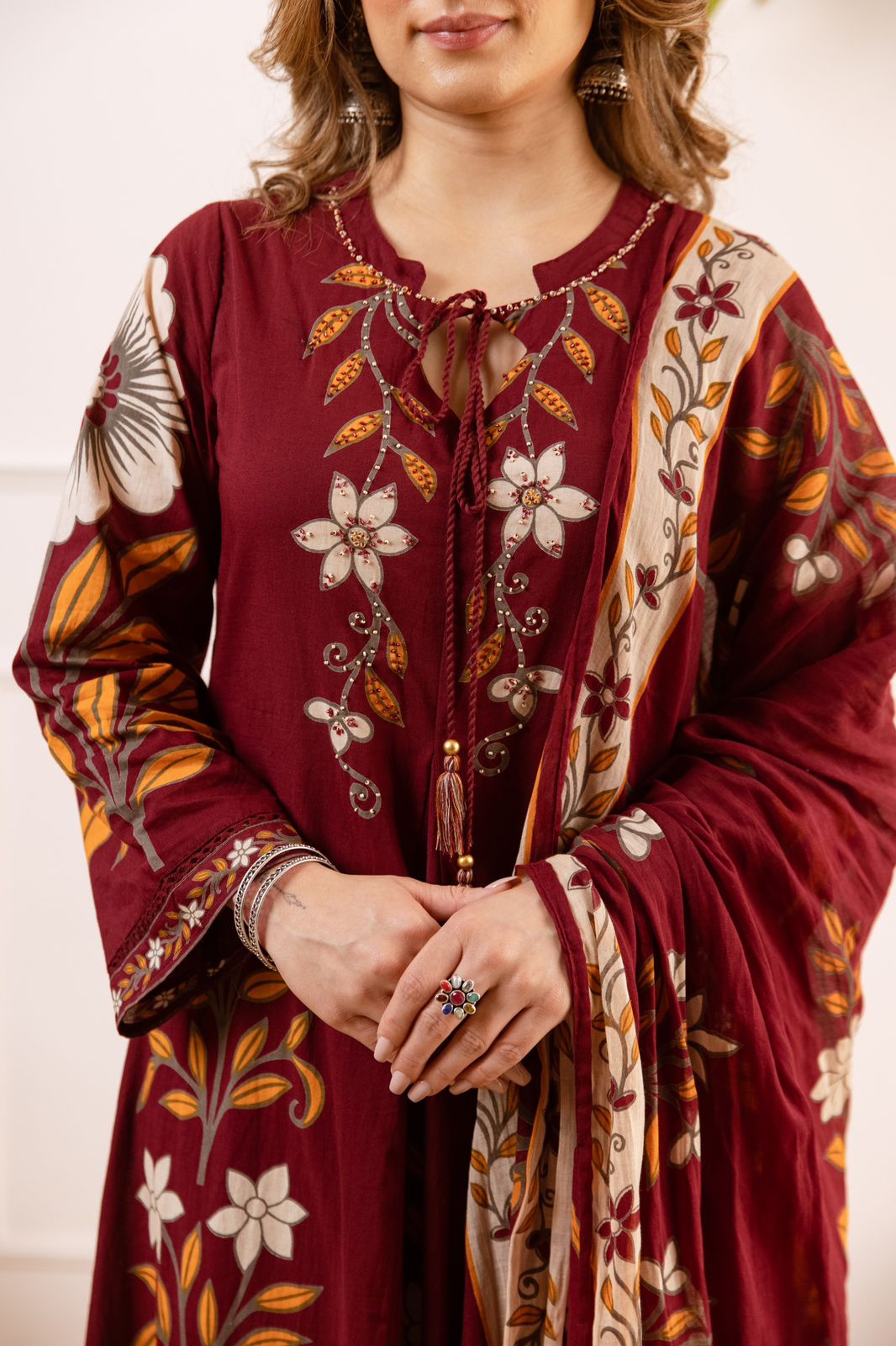 Pure cotton flared printed dark mahroon colour anarkali three piece set (A1904)