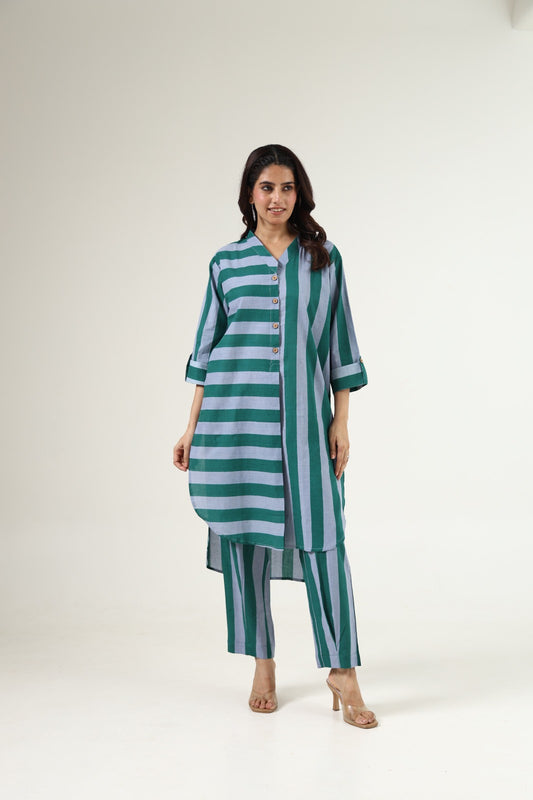 Light Blue with green pure cotton strips two piece cordset   (A527)