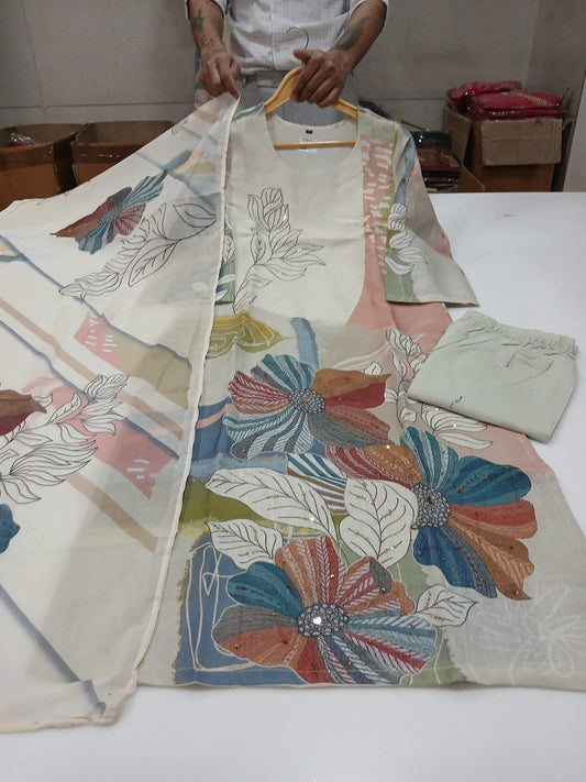 Cotton linen with lining fully sequence work placement print three piece set (B165)