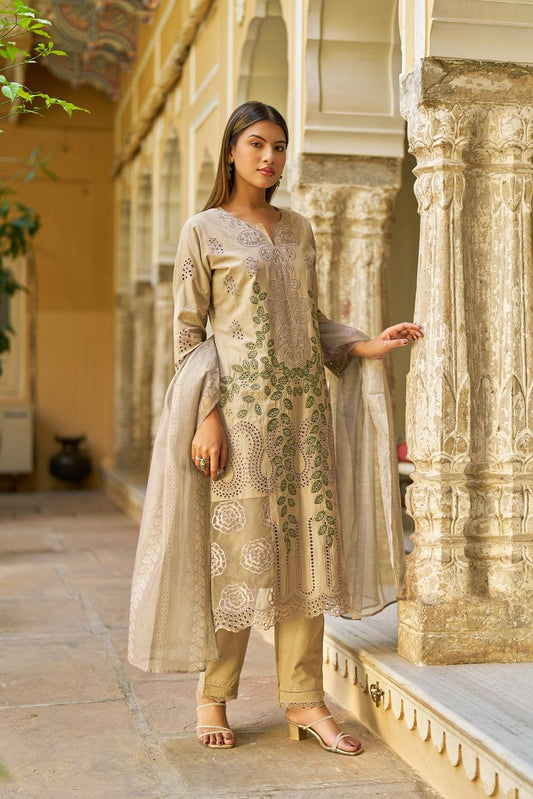 Pakistani pattern pure cotton fully embroidered stylish three piece set (B630)