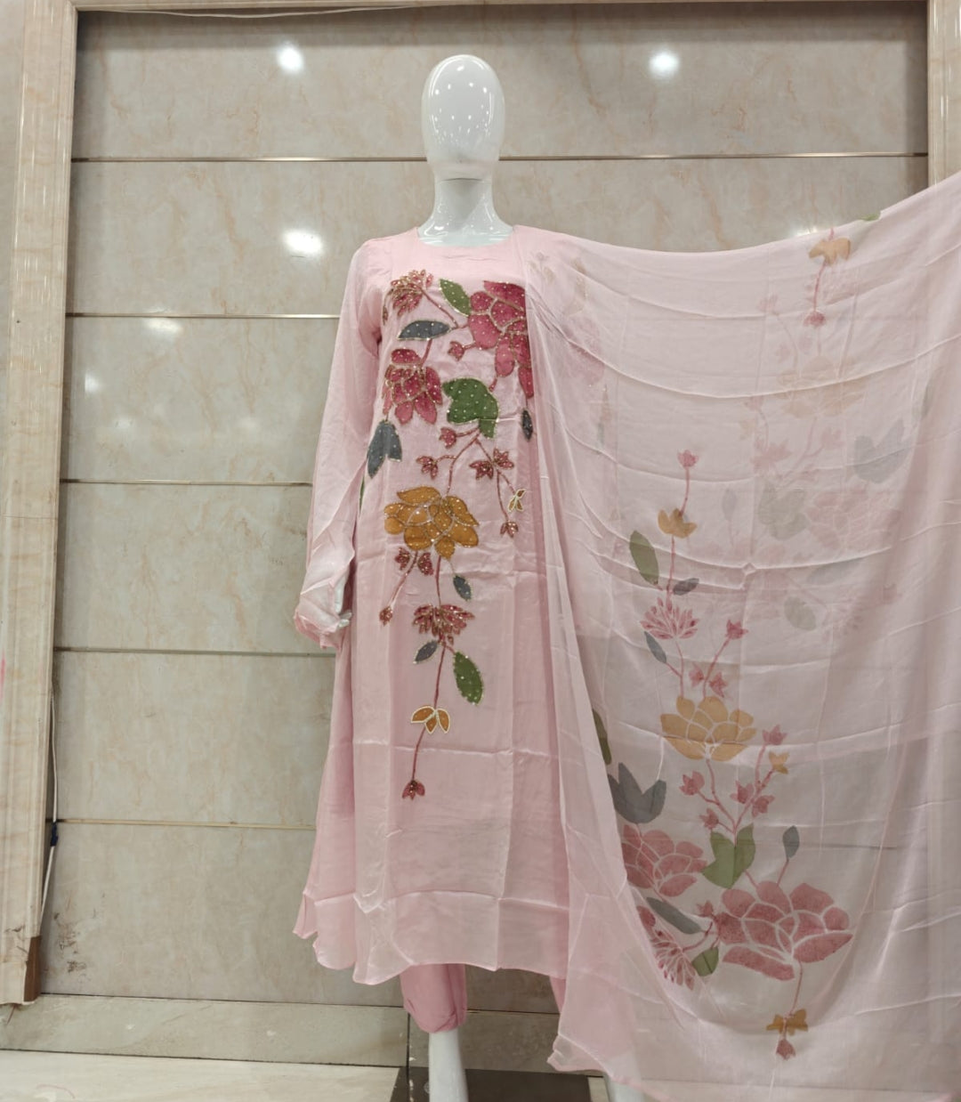 Pink pure chinnon heavy work three piece set (B239)