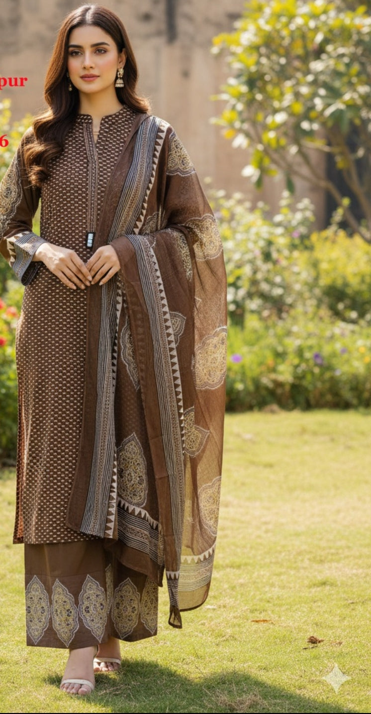 Brown kalamkari pure cotton three piece set (A1302)