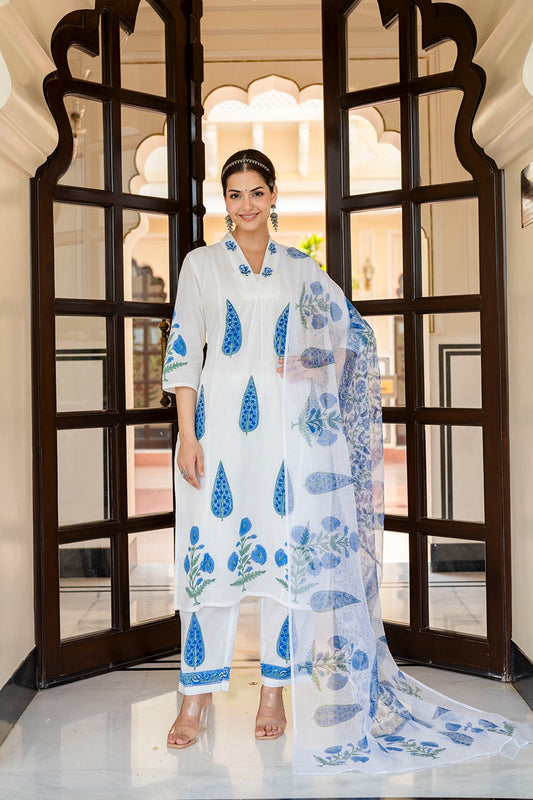 White with blue pure cotton with lining block print and kota dupatta three piece set (P762)