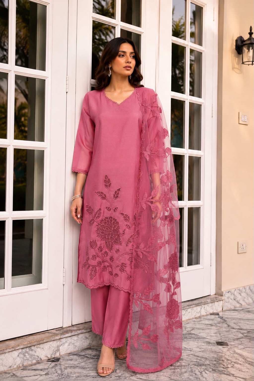 Pure mul chanderi with lining suit set HEAVY CUTWORK ORGANZA PATCH WITH HEAVY DUPATTA (C229)