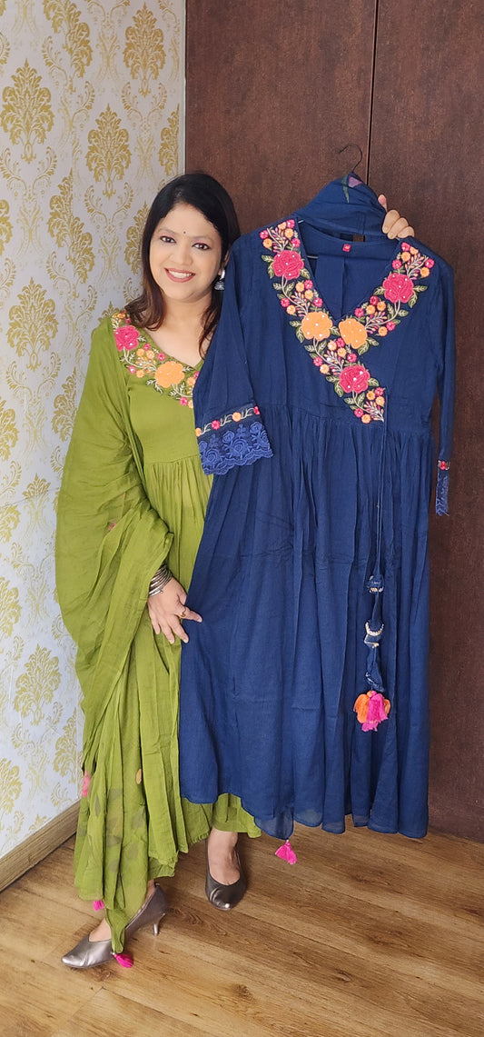 Dark blue pure mul cotton Anarkali with full thread work and brush dupatta (T64)